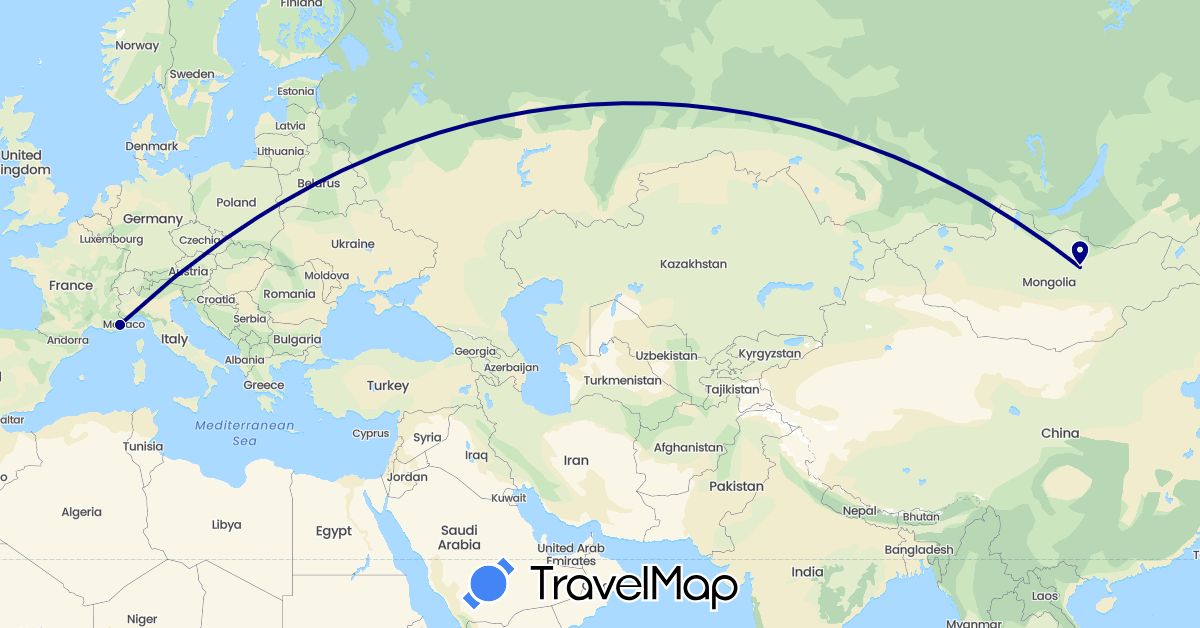 TravelMap itinerary: driving in France, Mongolia (Asia, Europe)